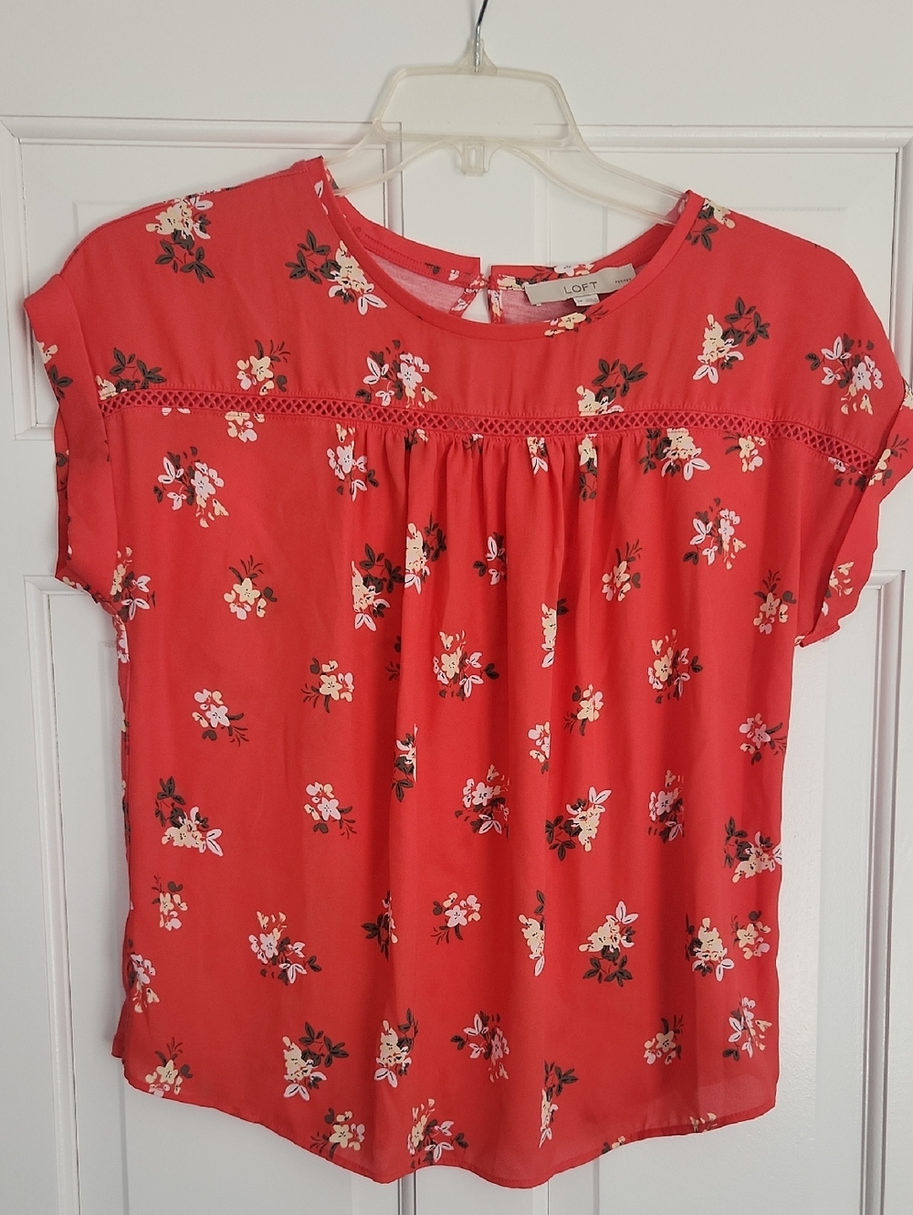 LOFT Coral Red Floral Lace-Yoke Blouse